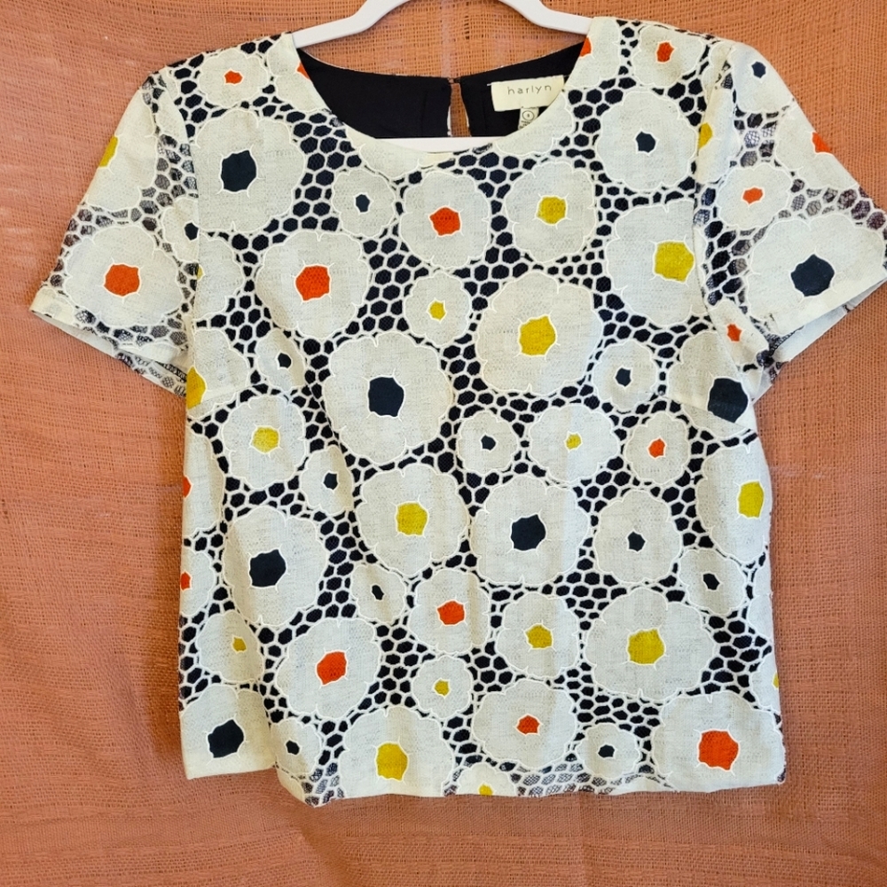 Harlyn for Anthro Primary Color Floral Crochet Top Vintage Inspired